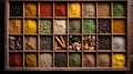 Colored spice background. Spices and herbs top view