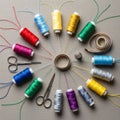 Colored spools of thread arranged in a circle on a gray fabric background Royalty Free Stock Photo