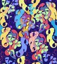 Colored spotted seamless pattern with surreal face pretty woman with flower.