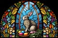 Colored stained glass in the form of an Easter bunny and eggs, Generative AI 1