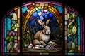 Colored stained glass in the form of an Easter bunny and eggs, Generative AI