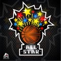 Colored stars fly out from basketball ball. Sport logo for all star game