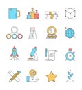 Colored startup icons. Business plan perfect innovation idea dreams entrepreneurship investors vector linear icon