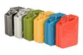 Colored steel jerry cans in row, 3D rendering