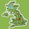 Colored sticker of Hand drawn doodle Great Britain map. England city names lettering and cartoon landmarks, tourist attractions