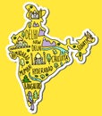 Colored Sticker of Hand drawn doodle India map. India city names lettering and cartoon landmarks, tourist attractions cliparts