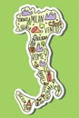 Colored Sticker of Hand drawn doodle Italy map. Italian city names lettering and cartoon landmarks, tourist attractions