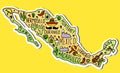 Colored sticker of Hand drawn doodle Mexico map. Mexican city names lettering and cartoon landmarks