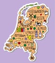 Colored Sticker of Hand drawn doodle Netherland map. Holland city names lettering and cartoon landmarks, tourist Royalty Free Stock Photo