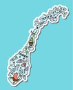 Colored sticker of hand drawn doodle Norway map. Norwegian city names lettering and cartoon landmarks, tourist attractions