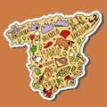 Colored Sticker of Hand drawn doodle Spain map. Spanish city names lettering and cartoon landmarks, Royalty Free Stock Photo