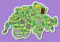 Colored Sticker of hand drawn doodle Switzerland map. Swiss city names lettering and cartoon landmarks, tourist attractions