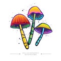 Colored sticker of three fly agarics. Toxic magical hallucinogenic mushrooms. Toadstool concept hand drawn