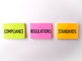 Colored sticky note with the word COMPLIANCE REGULATIONS STANDARDS