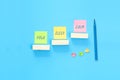 Colored sticky notes with handwritten words Yoga, Sleep, Calm