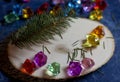 Colored stones and a pine branch on a bar Royalty Free Stock Photo