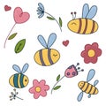 Colored striped bees with wings, insect, flowers, hearts, vector children picture, set of elements