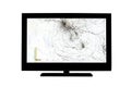 Cracks on a black broken screen of a liquid crystal display, computer monitor or full hd television isolated on a white background