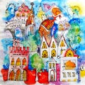Colored stylized city painted by hands. Illustration. Fairytale town. Blue night, glowing windows, mysterious towers