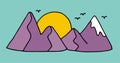 Colored sunset or sunrise in the mountains. Hand drawn doodle vector illustration. Two huge mountains and big sun. Thick Royalty Free Stock Photo