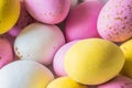 Colored sweet little eggs. Multi-colored Easter eggs on a plate. Sweet Easter eggs shot close up. Festive chocolate eggs in pink,