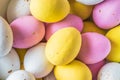 Colored sweet little eggs. Multi-colored Easter eggs on a plate. Sweet Easter eggs shot close up. Festive chocolate eggs in pink,