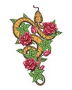 Snake in Roses Flowers Colored Tattoo