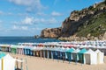 Colored tents on the beach, Nazare (Portugal)