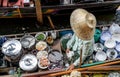 Colored thai food in floating market, food seller in Thailand, typical thai food background