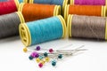 Colored thread coils on white background, sewing Royalty Free Stock Photo