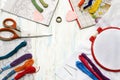 Colored thread for embroidery, hoop, canvas, scissors Royalty Free Stock Photo