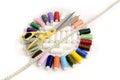 Colored thread , measuring tape and scissors Royalty Free Stock Photo