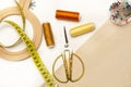 Colored thread spools, scissors and a embroidery hook on a white and brown background Royalty Free Stock Photo