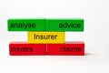 Colored toy blocks with the words analyse, advice, cover, claims and the word insurer in the centre