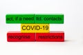 Colored toy blocks with the words ltd. contacts, restrictions, recognise, act, if a need and the word COVID-19 in the middle Royalty Free Stock Photo