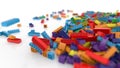 Colored toy bricks background. Rainbow colors. Random coloured plastic construction blocks. 3d illustration