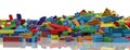 Colored toy bricks background. Rainbow colors. Random coloured plastic construction blocks. 3D illustration. 3D