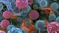 Colored transmission electron micrograph of natural killer cells attacking and neutralizing a virus cell Royalty Free Stock Photo