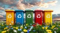 Colored trash cans garbage bins in the flowers background eco friendly Concept AI generated Royalty Free Stock Photo