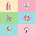 Colored travel icons set. Vector. Summer vacation