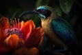 Colored tropical bird and beautiful surreal flowers. Generative AI