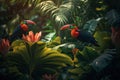 Colored tropical bird and beautiful surreal flowers. Generative AI