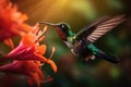 Colored tropical bird and surreal flowers. The hummingbird flies near to flower. Generative AI