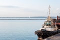 Colored tugboat works in port. bright tugboat in blue water. industrial ship on waves tropical islands. powerful tugboat helps