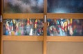 Colored umbrellas seen through frosted glass in door, Kanazawa, Ishikawa Prefecture, Western Japan