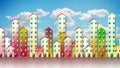 Colored urban agglomeration of a suburb - concept illustration against a cloudy sky