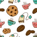 colored vector endless doodle pattern of coffee, tea and cookies isolated on white background. Royalty Free Stock Photo
