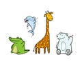 Colored vector funny animals for zoo. crocodile, Dolphin, giraffe and bear