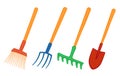 A set of garden tools: pitchfork, shovel, broom, rake.