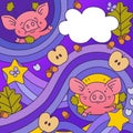 Background with pigs, acorns, apples, stars and leaves.